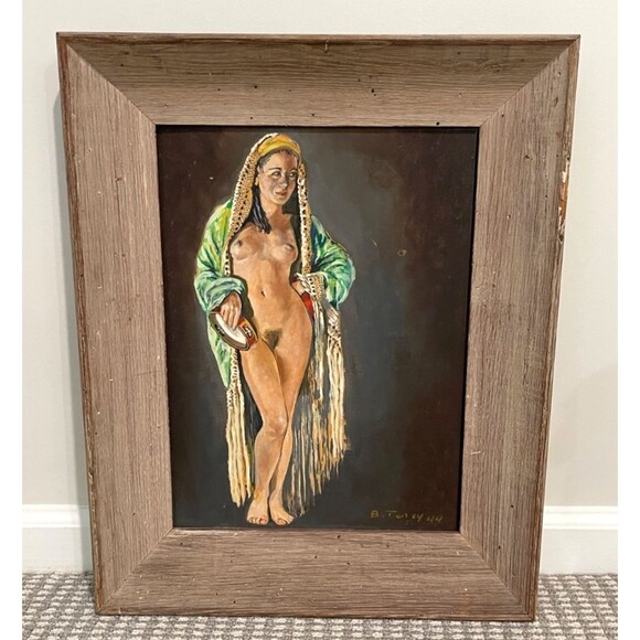 Vtg Framed Oil (?) Painting of Female Nude Standing 21" x 17" Signed B. Terry - Picture 8 of 10